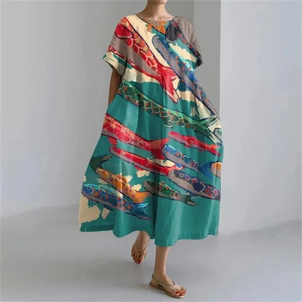 KS | Plus-Size Loose Fit Summer Dress with Pocket & O-Neck Elegant Summer Maxi Dress