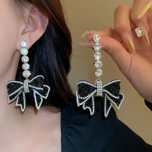 Black Bow Zirconia Dangle Earrings