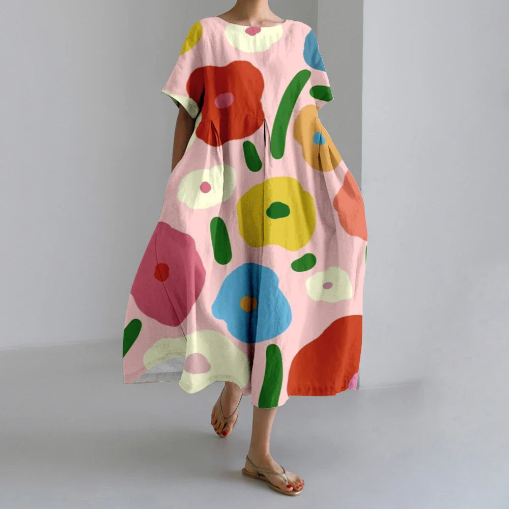 KS | New Summer Women's Dresses Exquisite Elegant Round Neck Short Sleeves Long Pink Dotted Irregular Printed Comfortable Midi Dresses