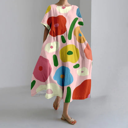 KS | New Summer Women's Dresses Exquisite Elegant Round Neck Short Sleeves Long Pink Dotted Irregular Printed Comfortable Midi Dresses