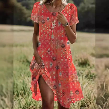 KS | Summer Bohemian Dresses for Women V-Neck Short Sleeve Flower Printed Beach Vacation Dress Women Maxi Dresses Boho