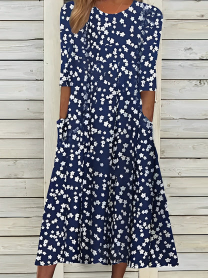 KS | Printed midi dress with round neckline and pockets