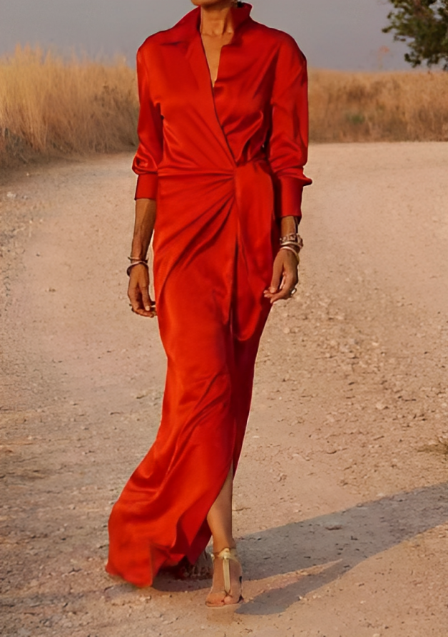 KS | Long-sleeved maxi dress with lapels and slim fit