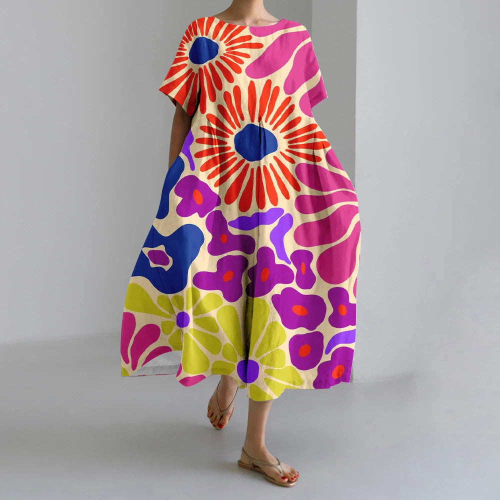 KS | New Summer Women's Dresses Exquisite Elegant Round Neck Short Sleeves Long Pink Dotted Irregular Printed Comfortable Midi Dresses