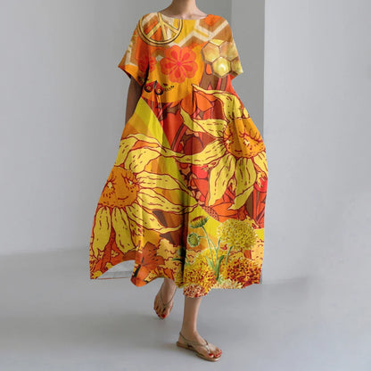 KS | New Summer Women's Dresses Exquisite Elegant Round Neck Short Sleeves Long Pink Dotted Irregular Printed Comfortable Midi Dresses