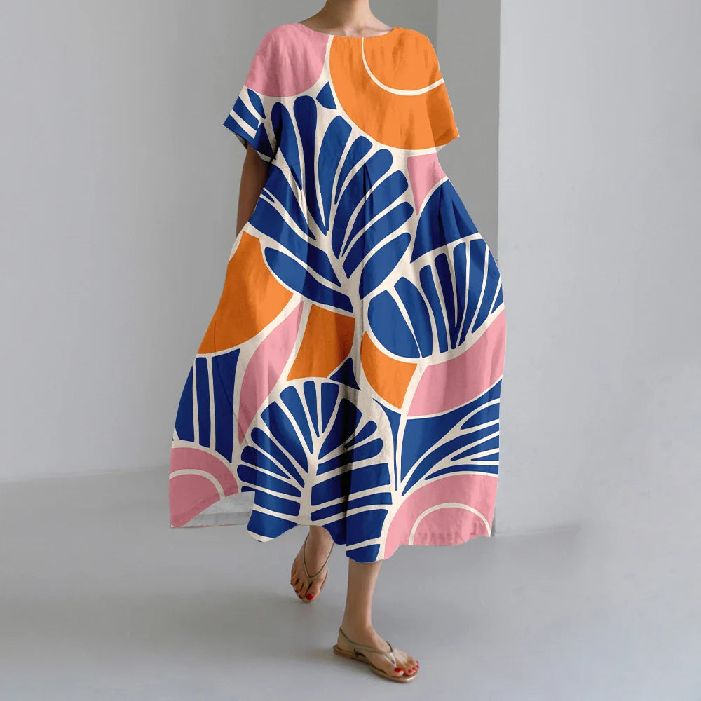 KS | New Summer Women's Dresses Exquisite Elegant Round Neck Short Sleeves Long Pink Dotted Irregular Printed Comfortable Midi Dresses