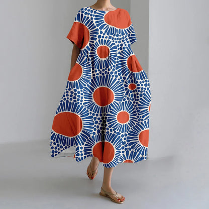 KS | New Summer Women's Dresses Exquisite Elegant Round Neck Short Sleeves Long Pink Dotted Irregular Printed Comfortable Midi Dresses