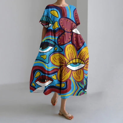 KS | New Summer Women's Dresses Exquisite Elegant Round Neck Short Sleeves Long Pink Dotted Irregular Printed Comfortable Midi Dresses