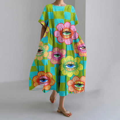 KS | New Summer Women's Dresses Exquisite Elegant Round Neck Short Sleeves Long Pink Dotted Irregular Printed Comfortable Midi Dresses