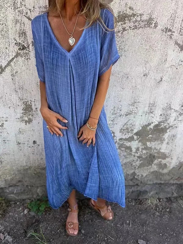 KS | Cotton and linen midi dress with V-neckline