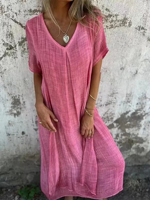 KS | Cotton and linen midi dress with V-neckline