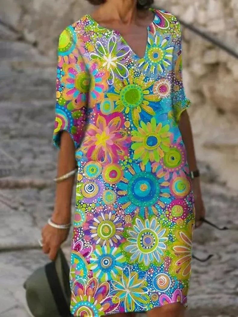 KS | Midi dress with V-neck and floral pattern