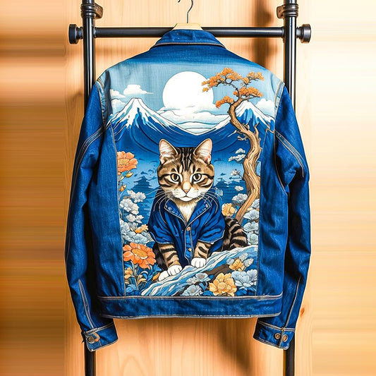 Women's Japanese Mount Fuji Cat Design Printed Denim Jacket elevenforest