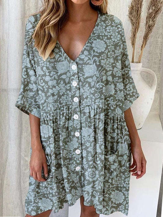 Women's Elegant Floral Cotton and Linen Shirt Style Loose Dress