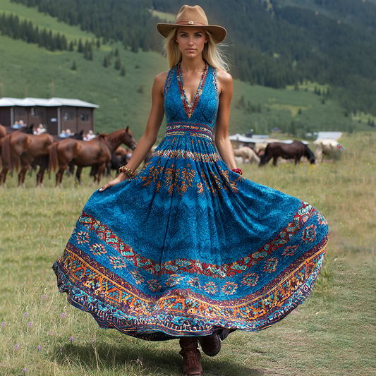 Women's Vintage Western Print V-neck Sleeveless Maxi Dress artswardrobe