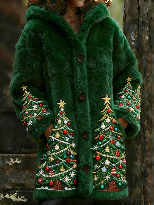 Comstylish Colorful Christmas Tree Plush Long Hooded Cardigan