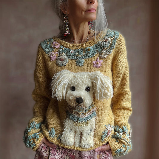 Comstylish Vintage Fuzzy Dog Boho Floral Embroidered Cozy Knit Sweater