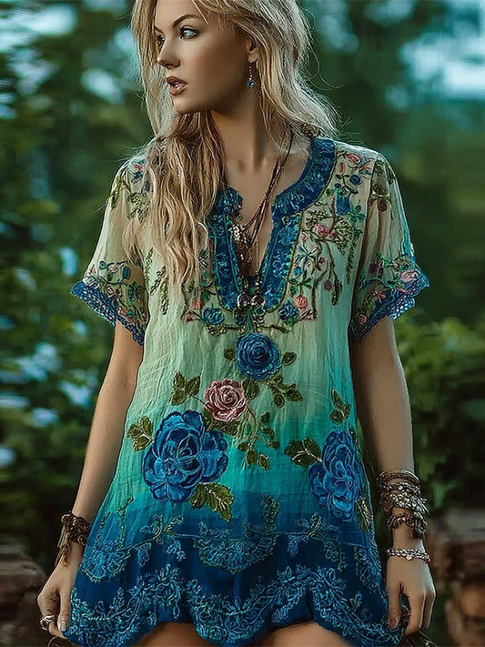 Blue Sequin Lace Floral Boho Art Women's V-neck Short Sleeve Long Shirt artswardrobe