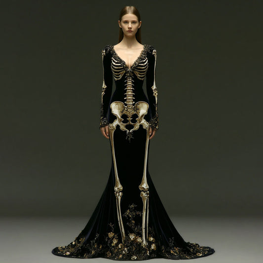 Comstylish Women's Halloween Skeleton Velvet V Neck Maxi Dress