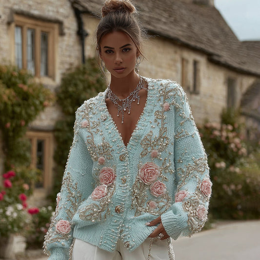 Comstylish Women's Vintage Rose Pearl Embroidery Knitted Sweater Cardigan