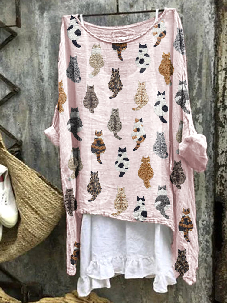 Cute Cats Embroidery Pattern Linen Blend Casual Shirt elevenforest