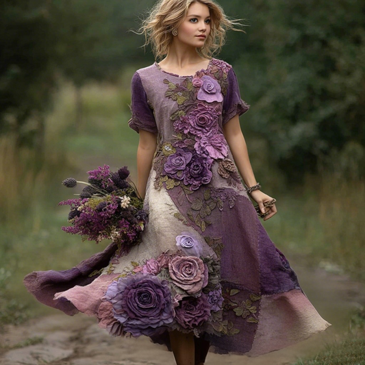 Classy Purple Patchwork And Floral Embroidered Art Linen Maxi Dress artswardrobe