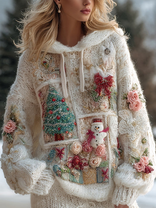 Comstylish Cute Christmas Inspired Patchwork Cozy Hooded Sweater