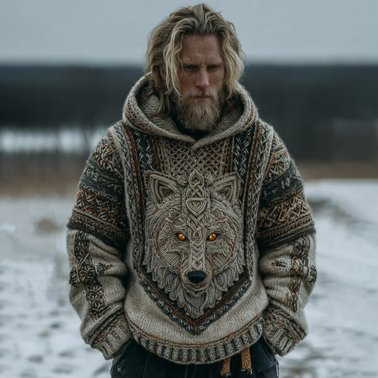 Men's Vintage Viking Celtic Knot Wolf Art Hooded Knit Sweater artswardrobe