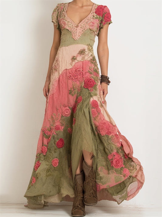 Vintage Pink Roses 3d Embroidered Patchwork Flowy Linen Maxi Dress artswardrobe