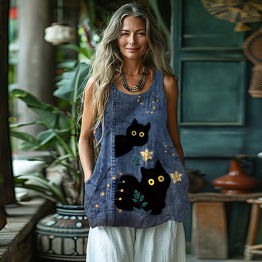 Lovely Black Cat Cat Peeking Out Art Denim Linen Cozy Tank Top elevenforest