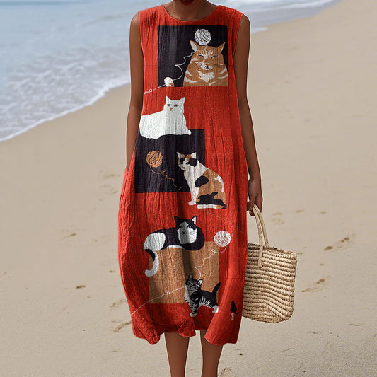 Comstylish Women's Vintage Japanese Cat Art Pattern Cotton And Linen Dress