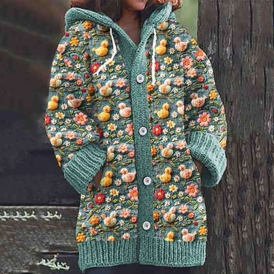 Flower And Bird Art Print Knitted Hooded Cardigan artswardrobe