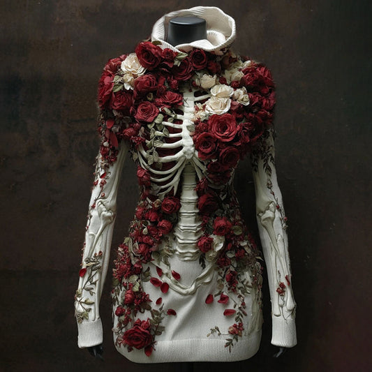 Comstylish Women's Vintage Halloween Skeleton & Rose Art Cozy Hooded Dress