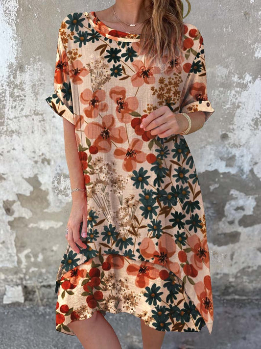 Women's Classic Floral Pattern Round Neck Cotton and Linen Dress
