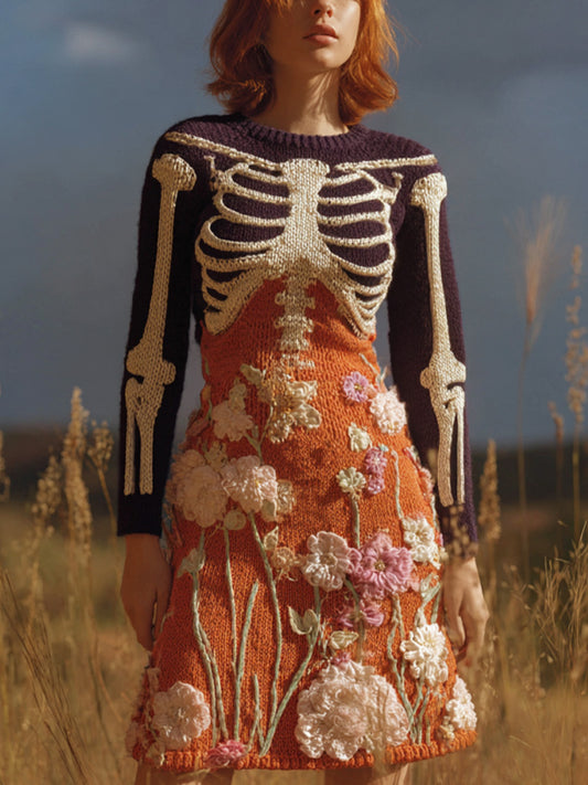 Comstylish Women's Halloween Warm Tone Skull Rose Embroidered Dress