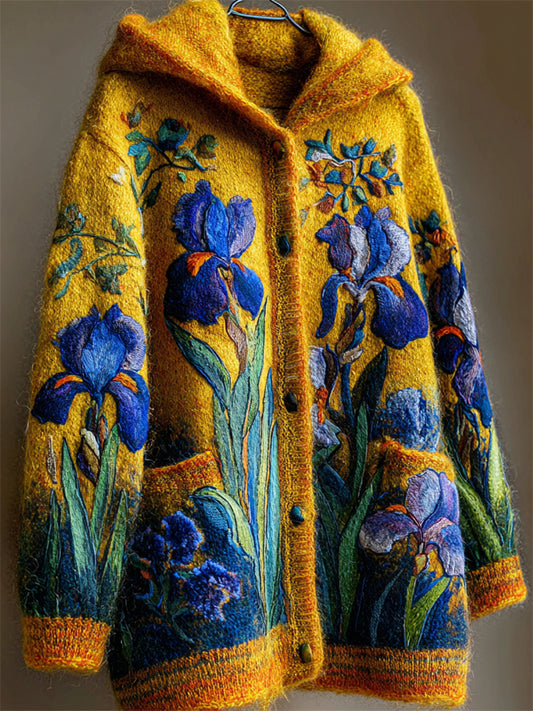 Comstylish Elegant Irises Felt Embroidered Cozy Knit Hooded Cardigan