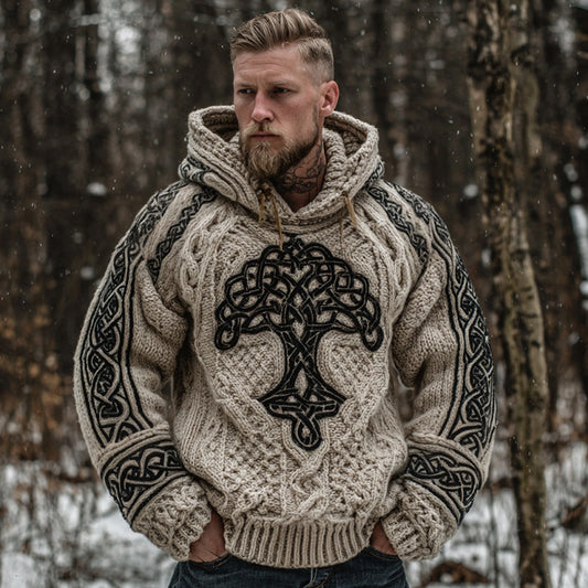 Men's Viking Tree Of Life Art Celtic Knot Jacquard Knitted Hooded Sweater artswardrobe