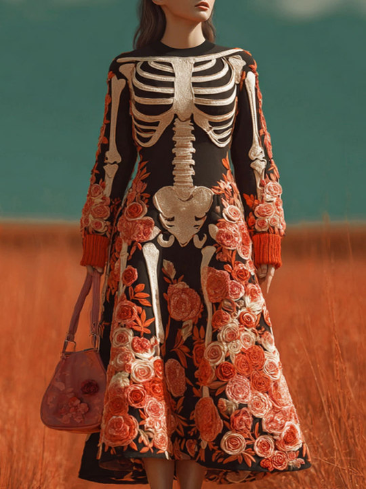 Comstylish Women's Halloween Warm Tone Skull Rose Embroidered Dress