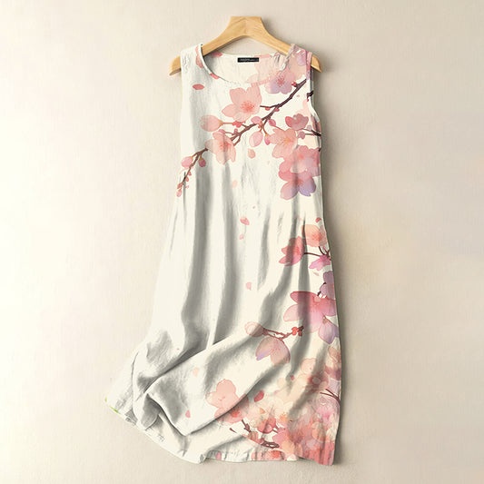 Comstylish Vintage Japanese Ink Flower Art Print Sleeveless Cotton And Linen Midi Dress