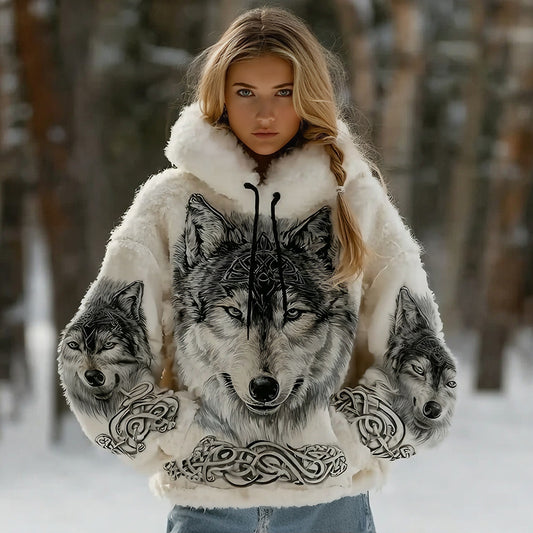 Comstylish Women's Vintage Viking Celtic Wolf Art Plush Cozy Hoodie
