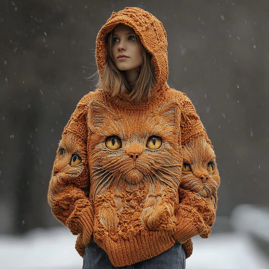 Women's Vintage Cat Embroidered Hooded Sweater