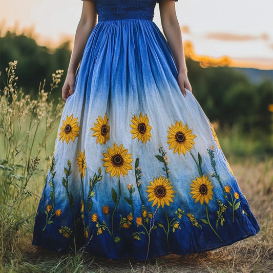 Boho Sunflower Embroidered Gradient Flowy Linen Skirt artswardrobe