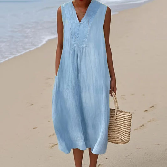 Vintage Solid Color Art Linen And Cotton V Neck Tank Dress artswardrobe
