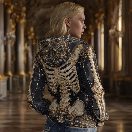 Comstylish Vintage Glitter Skeleton Artl Embroidered Cozy Hoodie
