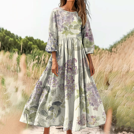 Women's Floral Embellished Pattern Art Print Cotton Crew Neck Dress