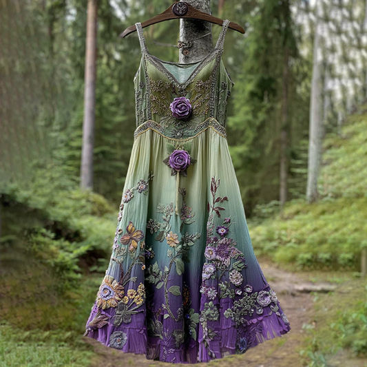 Classy Gradient Purple Lavender And Floral Embroidered Linen Suspender Dress artswardrobe