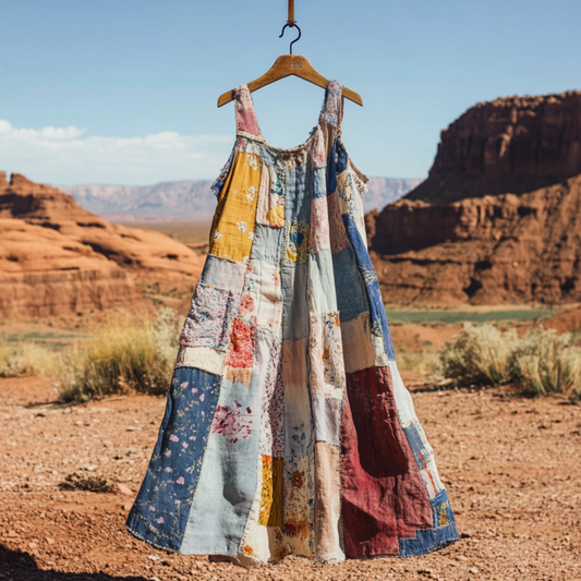Vintage Loose Floral Applique Patchwork Art Linen Tank Dress artswardrobe