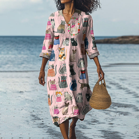 Comstylish Lovely Cat Pattern Printed Women's Dress