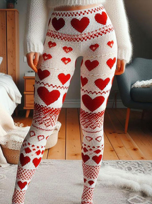 Vintage Valentine Heart Crochet Cozy Knit Leggings artswardrobe