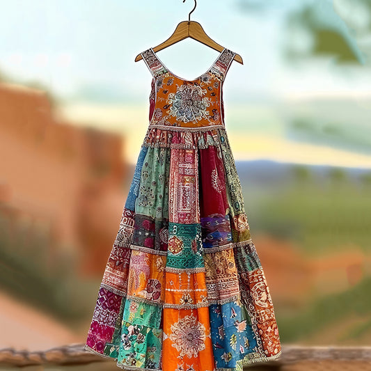 Women's Retro Colorful Tribal Style Holiday Contrast Color Midi Dress artswardrobe